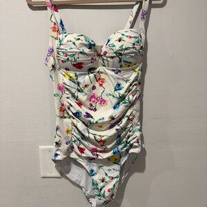 Betsey Johnson White Floral Bees 1 Piece Swimsuit Lined M